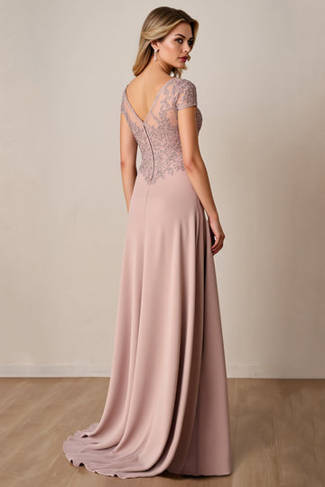 Dusty Rose A Line Satin Long Mother of the Bride Dress with Lace